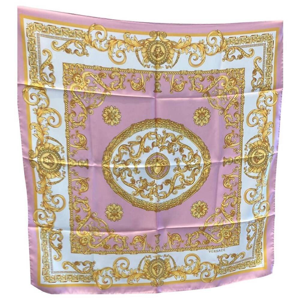 NEW VERSACE baroque-inspired silk scarf in pink, white, and gold